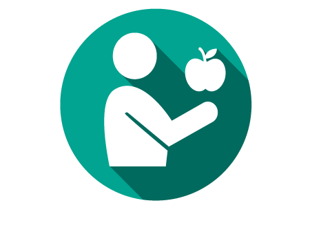A person eating an apple (white iconography graphic on green background)