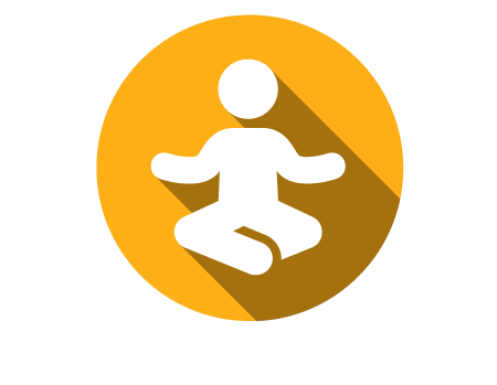A graphic of a man doing a meditative yoga pose on a yellow circle background